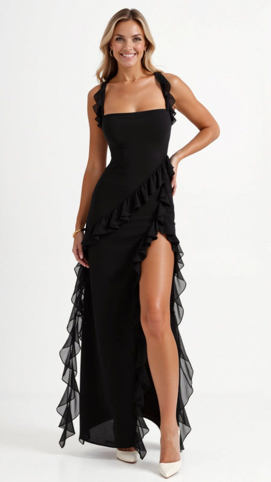 Amara | Women's Ruffle Party Maxi Dress with Front Slit — view 1