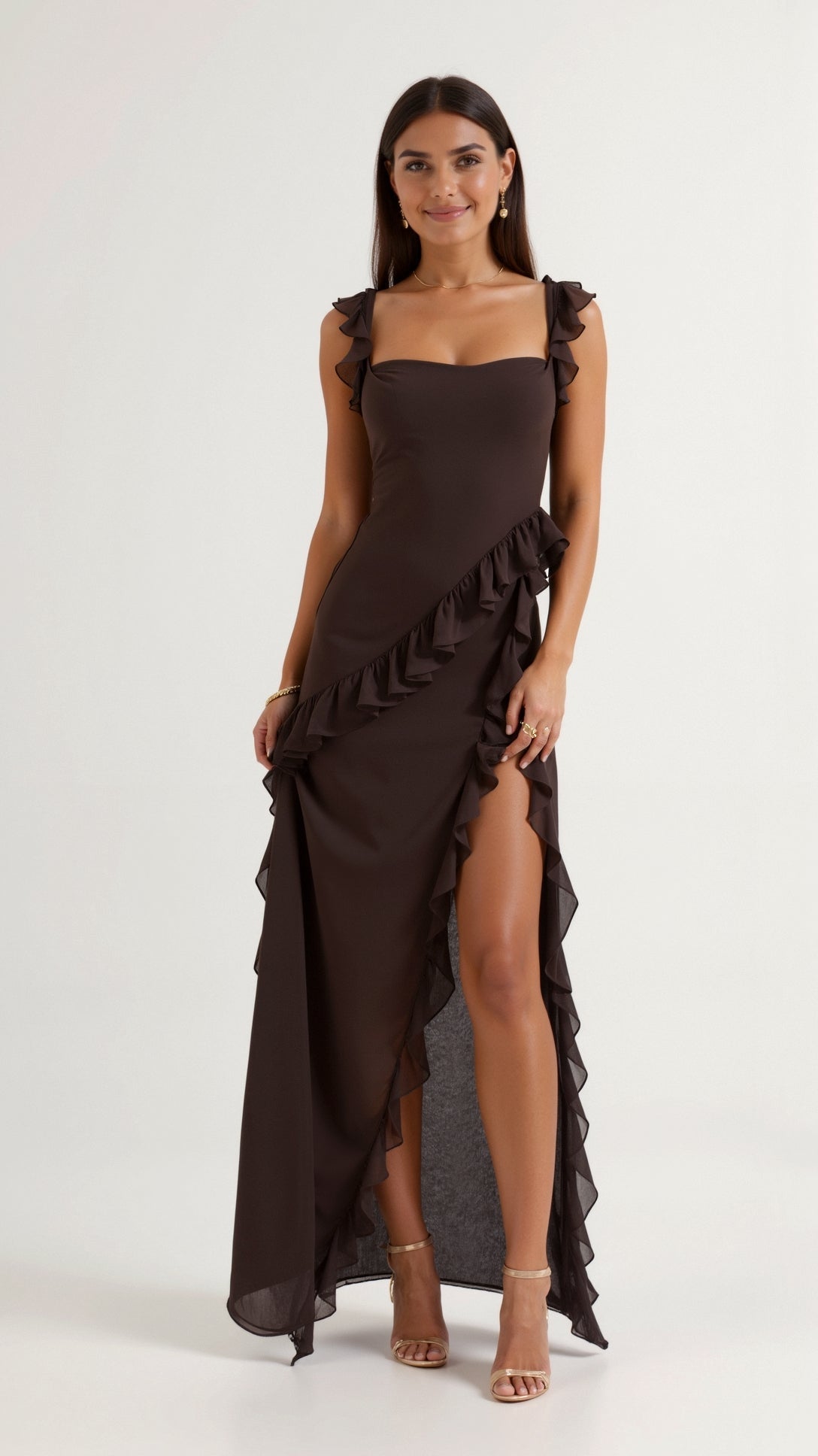 Amara | Women's Ruffle Party Maxi Dress with Front Slit — view 3