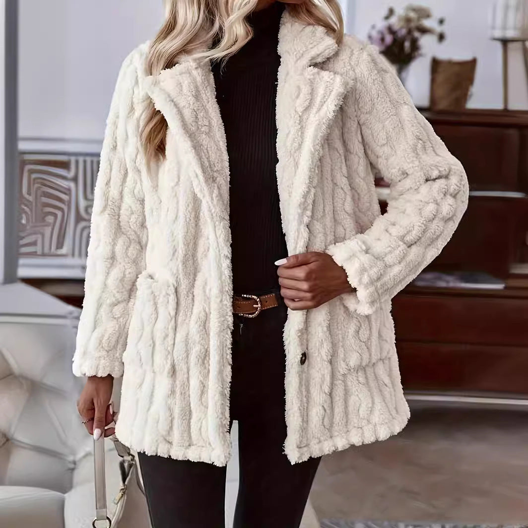 Henrietta | Teddy Coat with Cable Texture and Wide Collar — view 1