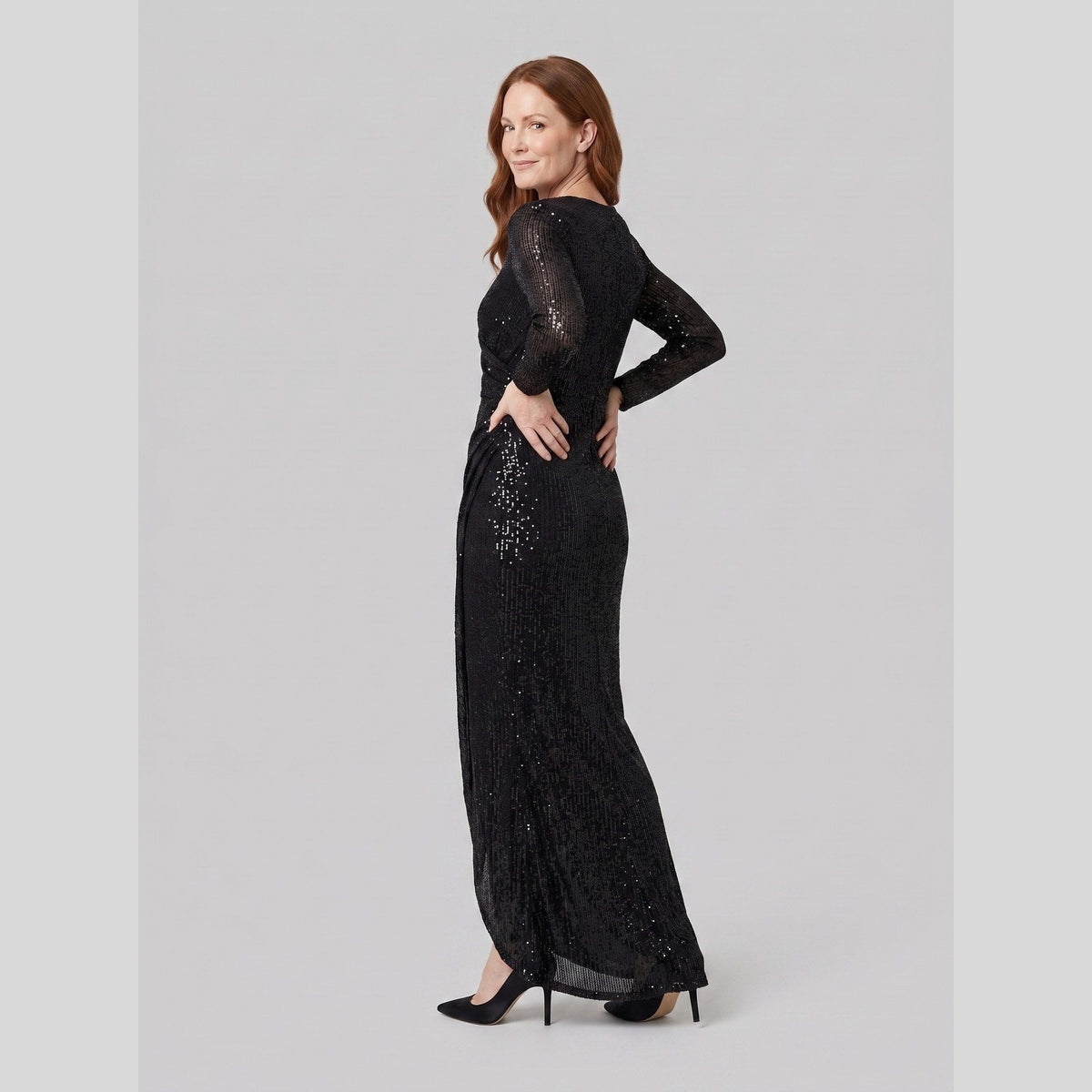 Women's Burgundy Sequin Long-Sleeve Christmas Party Gown — view 2