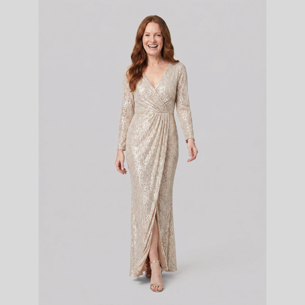 Women's Burgundy Sequin Long-Sleeve Christmas Party Gown — view 3