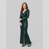 Women's Burgundy Sequin Long-Sleeve Christmas Party Gown — view 5