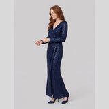 Women's Burgundy Sequin Long-Sleeve Christmas Party Gown — view 4