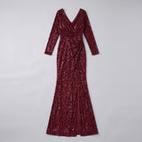 Women's Burgundy Sequin Long-Sleeve Christmas Party Gown — view 7