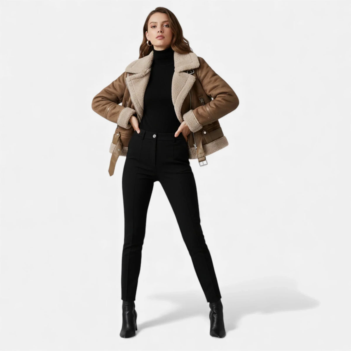 Women's Suede Faux-Shearling Belted Aviator Jacket | Winter — view 3