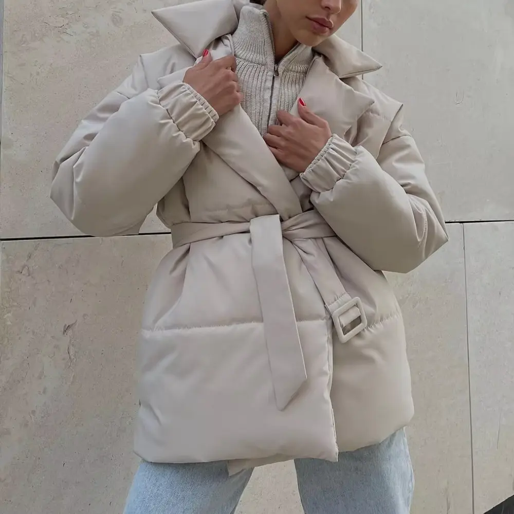 Women's Belted Winter Puffer Jacket with Cinched Waist — view 2