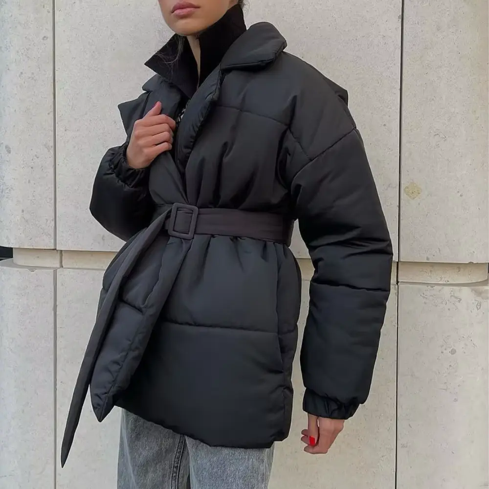 Women's Belted Winter Puffer Jacket with Cinched Waist — view 3