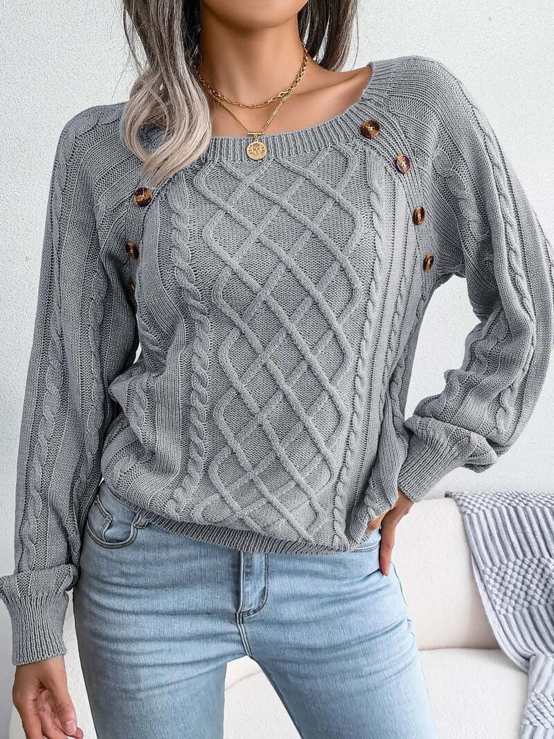Aveline | Women's Square Neck Button Detail Cable Knit Jumper — view 2