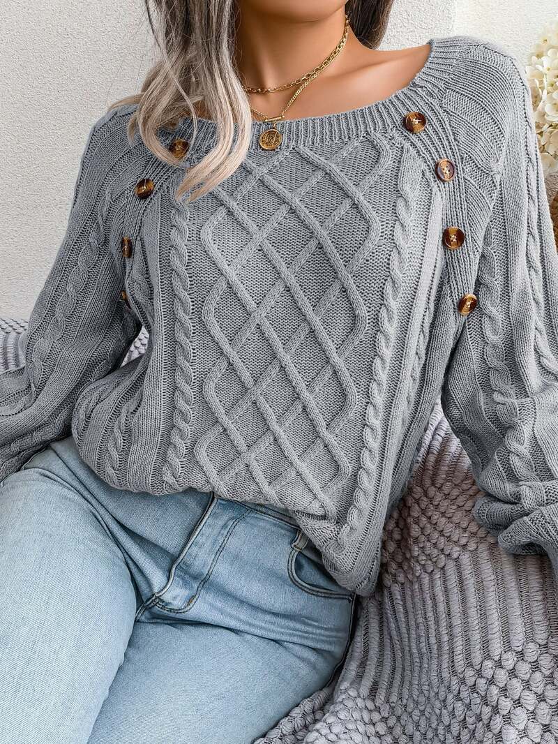 Aveline | Women's Square Neck Button Detail Cable Knit Jumper — view 1