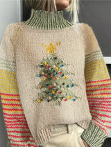 Zinnia | Women's Christmas Tree Jumper with Striped Sleeves & Roll Neck — view 1