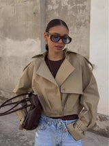 Imogen | Women's Cropped Trench Jacket with Oversized Lapels — view 1