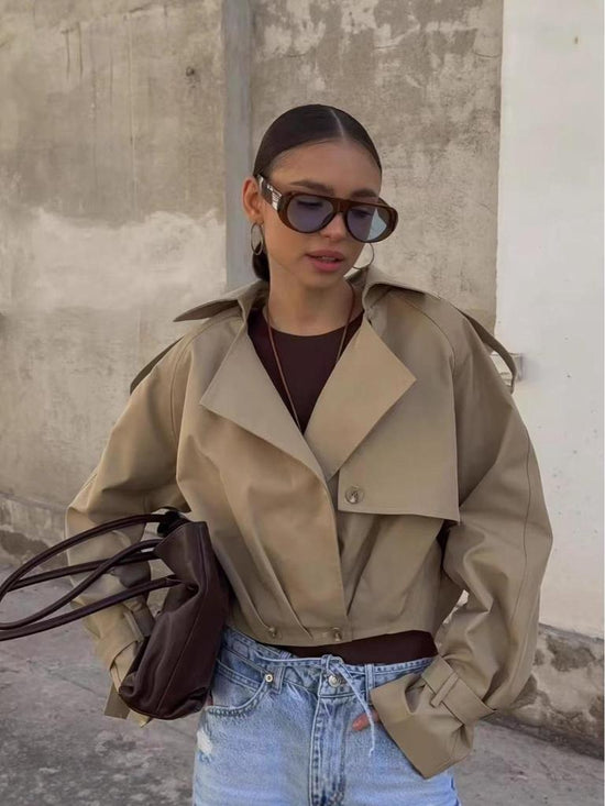 Imogen | Women's Cropped Trench Jacket with Oversized Lapels — view 1