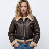 Women's Brown Leather Faux-Shearling Aviator Jacket — view 1