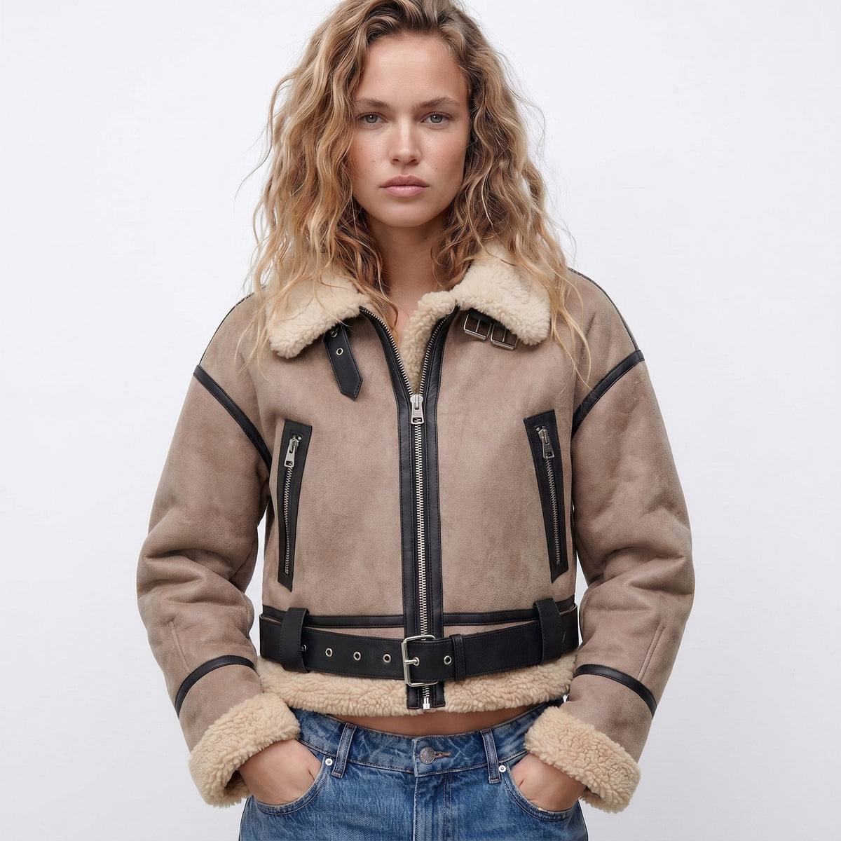 Women's Brown Leather Faux-Shearling Aviator Jacket — view 2