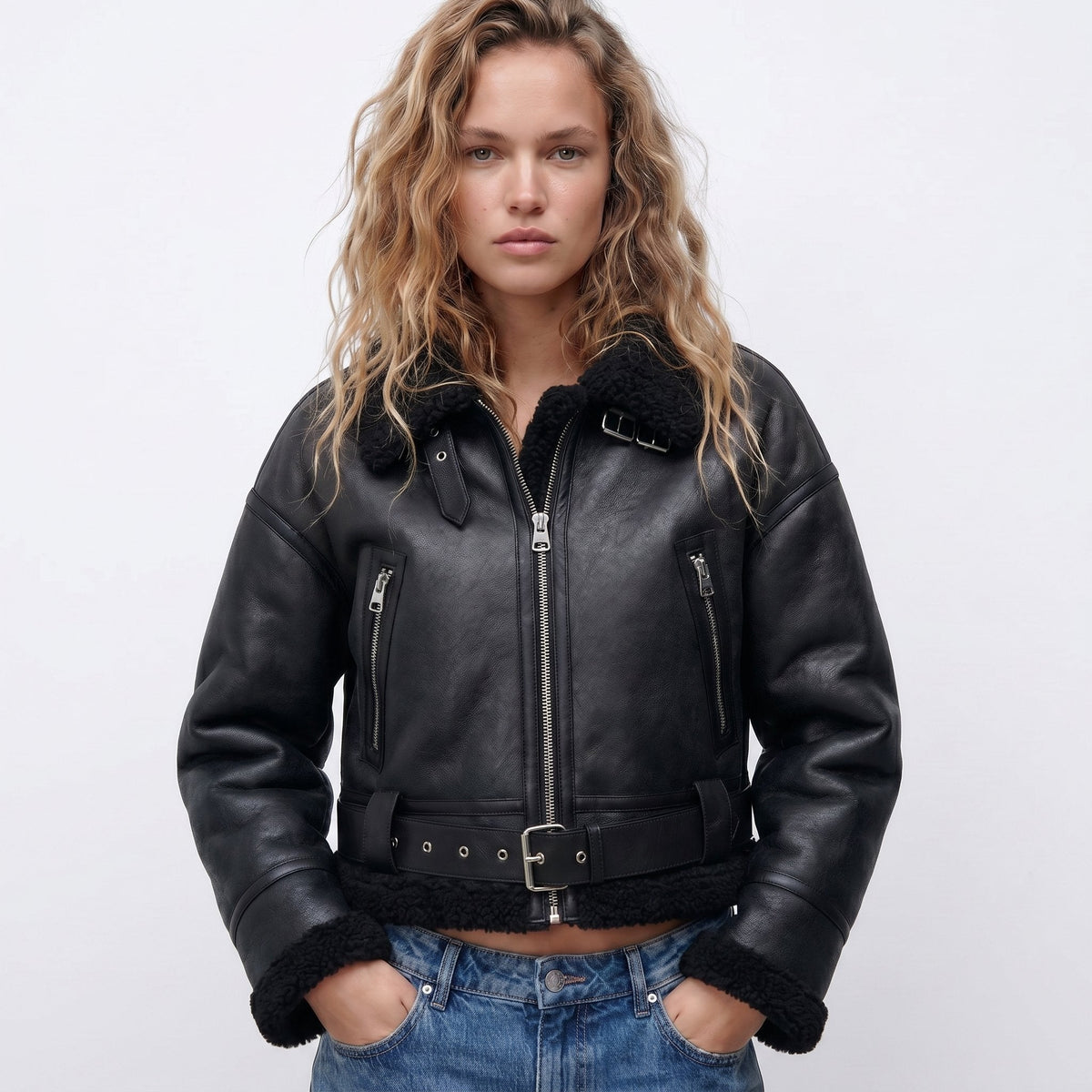 Women's Brown Leather Faux-Shearling Aviator Jacket — view 3