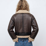 Women's Brown Leather Faux-Shearling Aviator Jacket — view 4
