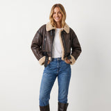Women's Brown Leather Faux-Shearling Aviator Jacket — view 5