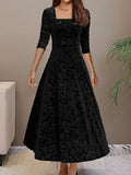 Verona | Women's Embossed Velvet Square-Neck Midi Dress with Three-Quarter Sleeves — view 1
