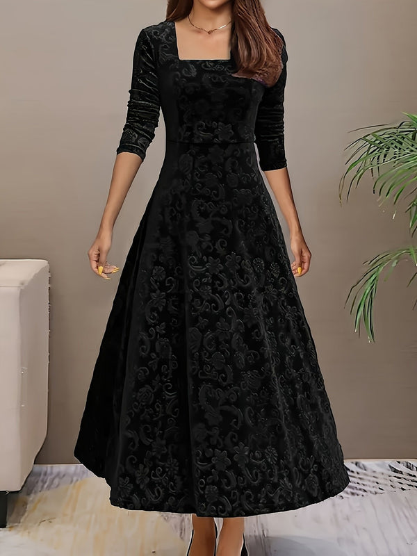 Verona | Women's Embossed Velvet Square-Neck Midi Dress with Three-Quarter Sleeves — view 1