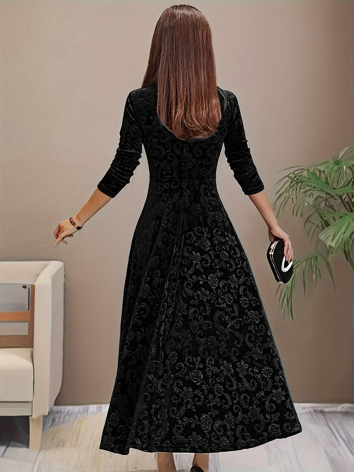 Verona | Women's Embossed Velvet Square-Neck Midi Dress with Three-Quarter Sleeves — view 2