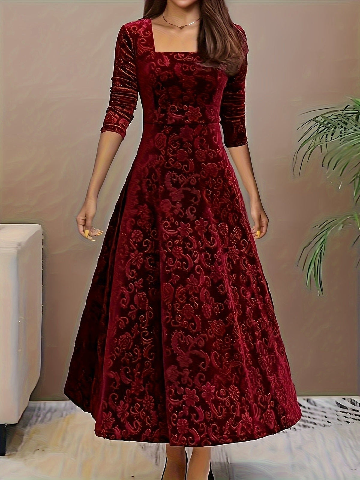 Verona | Women's Embossed Velvet Square-Neck Midi Dress with Three-Quarter Sleeves — view 3