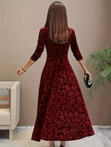 Verona | Women's Embossed Velvet Square-Neck Midi Dress with Three-Quarter Sleeves — view 4