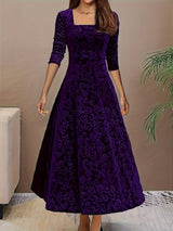 Verona | Women's Embossed Velvet Square-Neck Midi Dress with Three-Quarter Sleeves — view 5