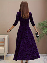 Verona | Women's Embossed Velvet Square-Neck Midi Dress with Three-Quarter Sleeves — view 6