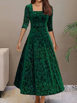 Verona | Women's Embossed Velvet Square-Neck Midi Dress with Three-Quarter Sleeves — view 7