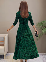 Verona | Women's Embossed Velvet Square-Neck Midi Dress with Three-Quarter Sleeves — view 8