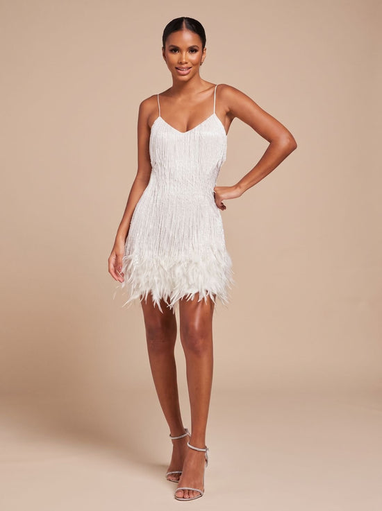 Bettina | Fringe Christmas Party Mini Dress with Feather Trim — view 1