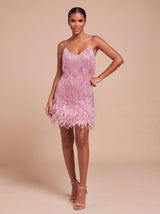 Bettina | Fringe Christmas Party Mini Dress with Feather Trim — view 10