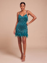 Bettina | Fringe Christmas Party Mini Dress with Feather Trim — view 11