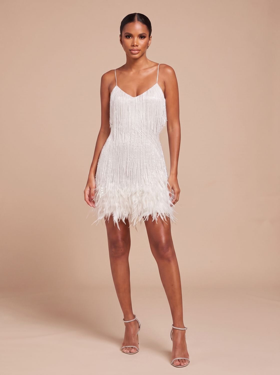 Bettina | Fringe Christmas Party Mini Dress with Feather Trim — view 2