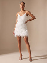 Bettina | Fringe Christmas Party Mini Dress with Feather Trim — view 3