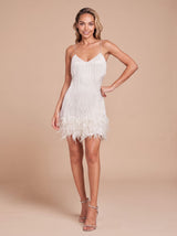 Bettina | Fringe Christmas Party Mini Dress with Feather Trim — view 4