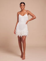 Bettina | Fringe Christmas Party Mini Dress with Feather Trim — view 6