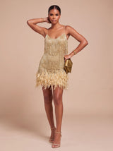 Bettina | Fringe Christmas Party Mini Dress with Feather Trim — view 7
