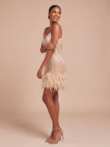 Bettina | Fringe Christmas Party Mini Dress with Feather Trim — view 8