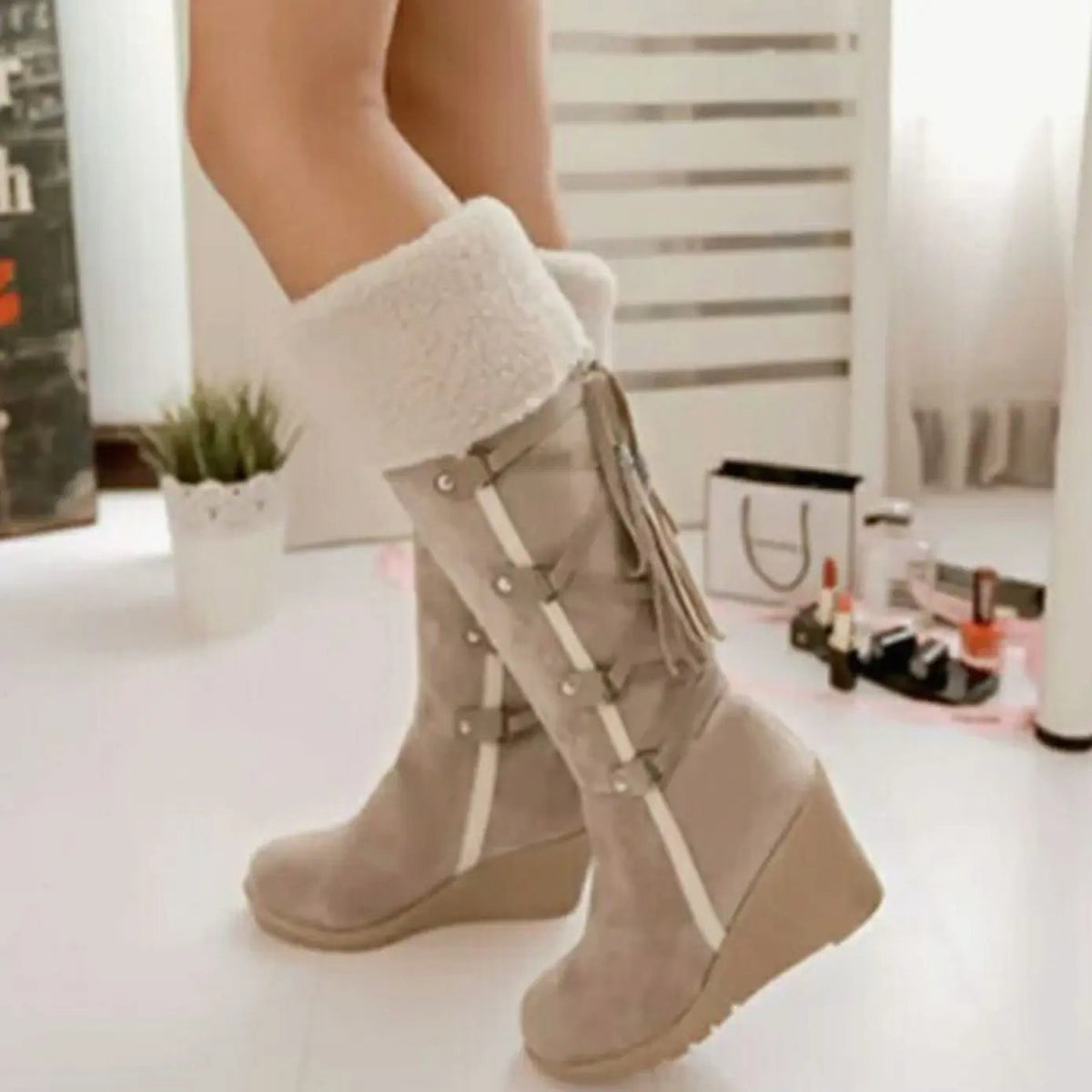 Elara | Women's Faux-Fur Wedge Knee-High Boots — view 2