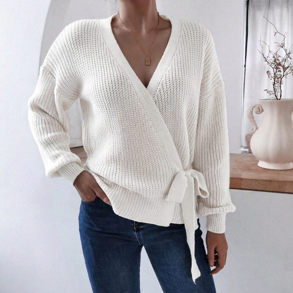 Marcelline | Women's Wrap Knit V-Neck Jumper with Tie Waist — view 1