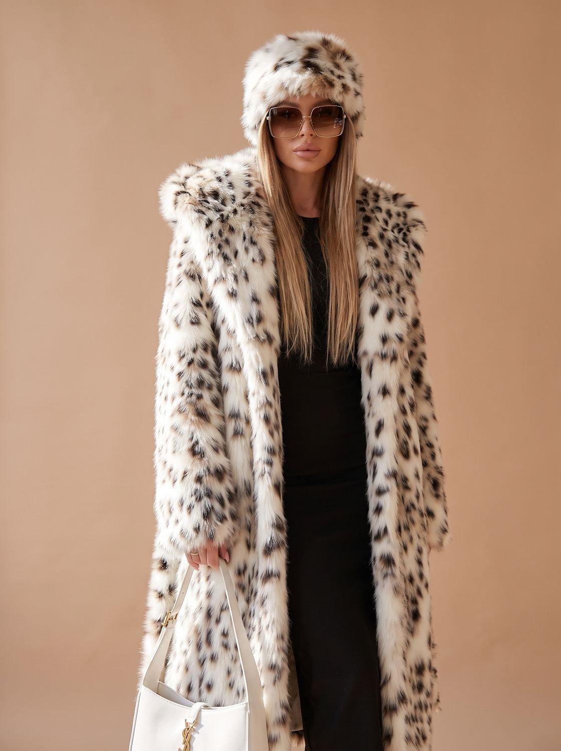 Rosie | Long Faux Fur Leopard Print Belted Overcoat — view 2
