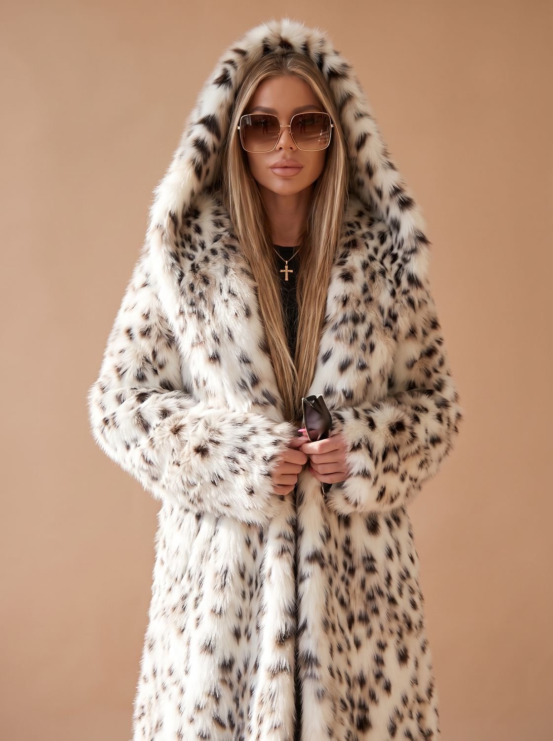 Rosie | Long Faux Fur Leopard Print Belted Overcoat — view 3
