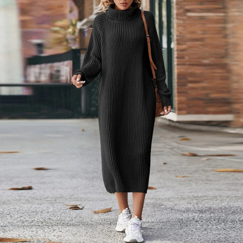 Women's Oversized Roll-Neck Ribbed Knit Midi Dress | Winter — view 3