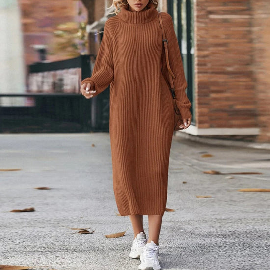 Women's Oversized Roll-Neck Ribbed Knit Midi Dress | Winter — view 1