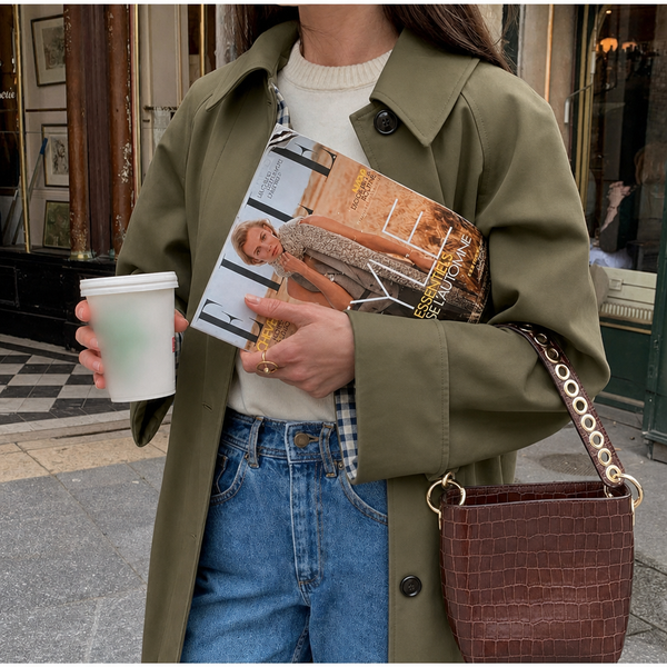 Marcelline | Women's Long Trench Coat with Plaid Lining — view 1