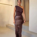 Aurelia | Women's One-Shoulder Asymmetric Draped Satin Party Maxi Dress — view 1