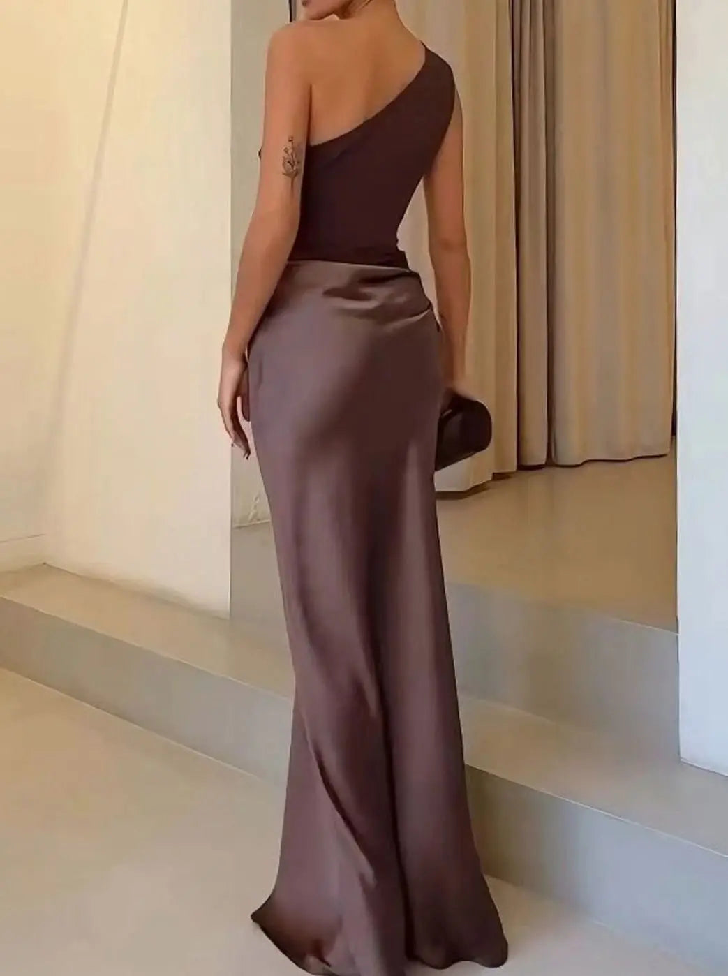 Aurelia | Women's One-Shoulder Asymmetric Draped Satin Party Maxi Dress — view 2