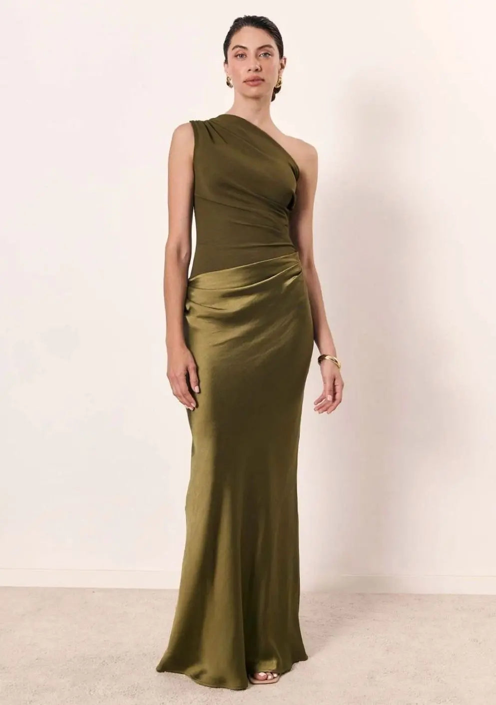 Aurelia | Women's One-Shoulder Asymmetric Draped Satin Party Maxi Dress — view 3