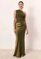 Aurelia | Women's One-Shoulder Asymmetric Draped Satin Party Maxi Dress — view 3